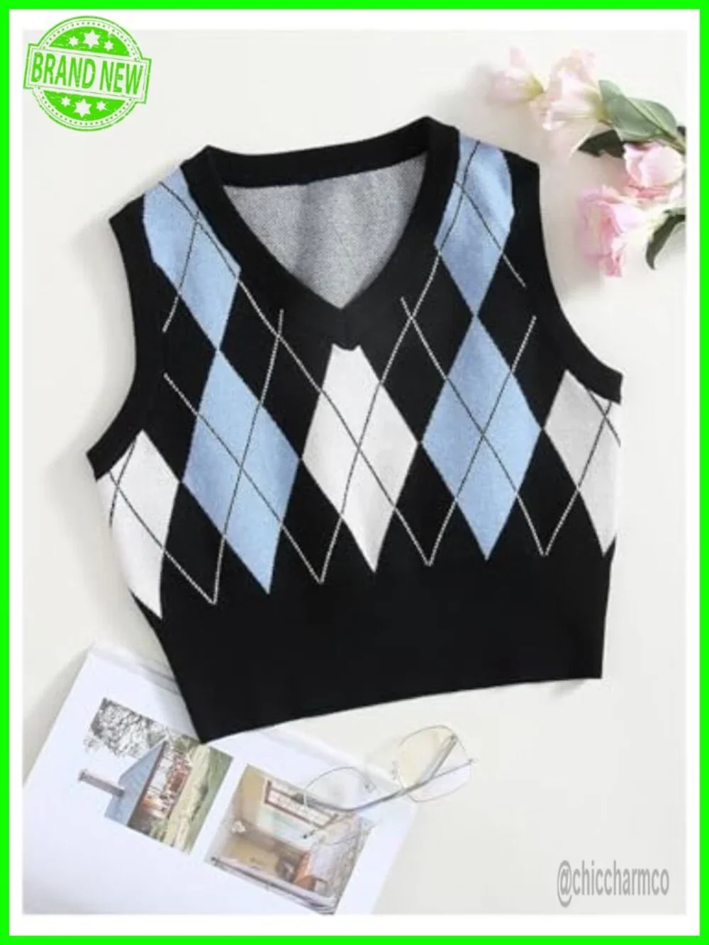 Argyle V-Neck Sleeveless Knitted Crop Sweater Vest - Geometric Pattern